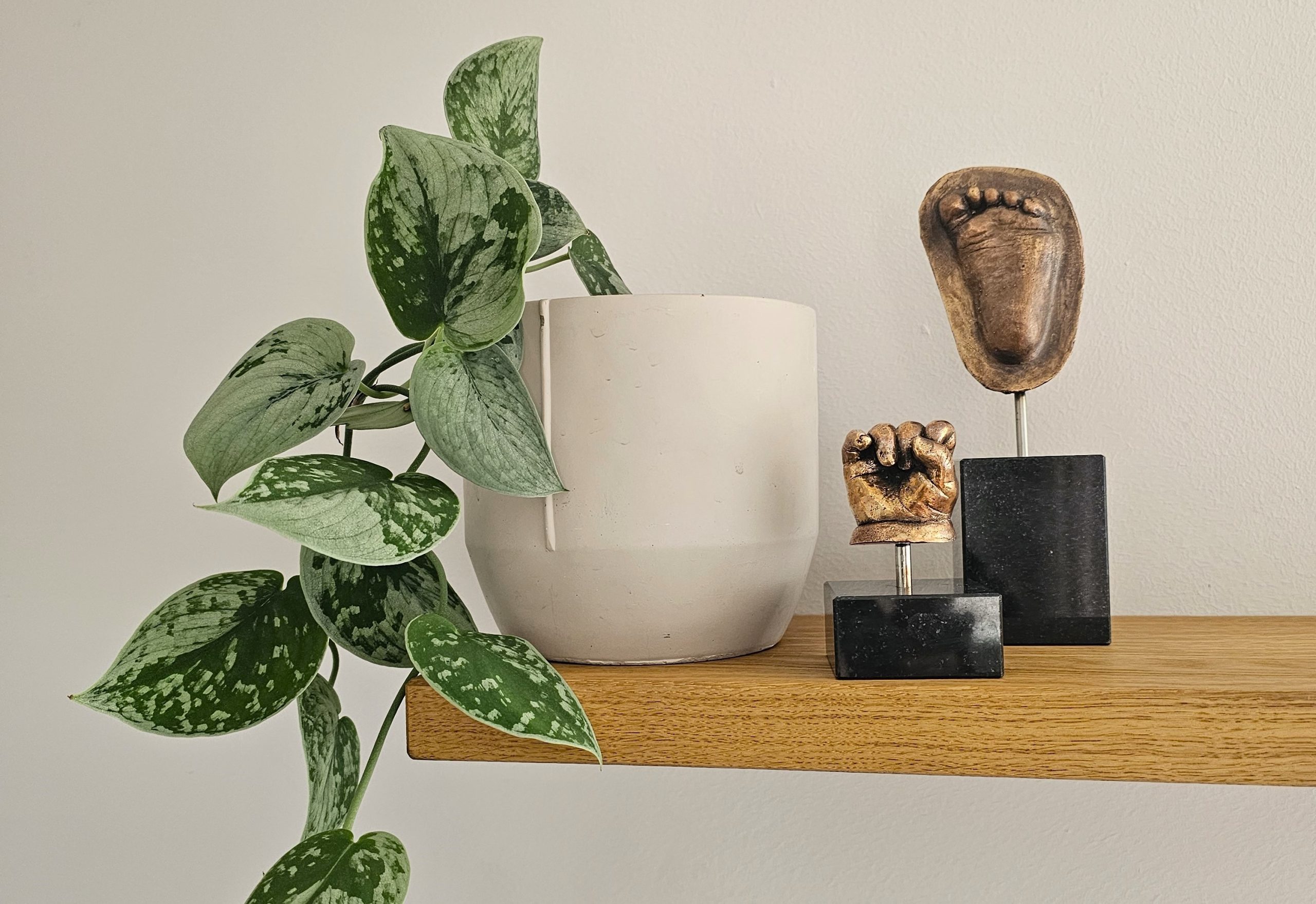 Handje en voetje in brons op een zwart stenen sokkel geplaatst op een wandplank naast een plant.